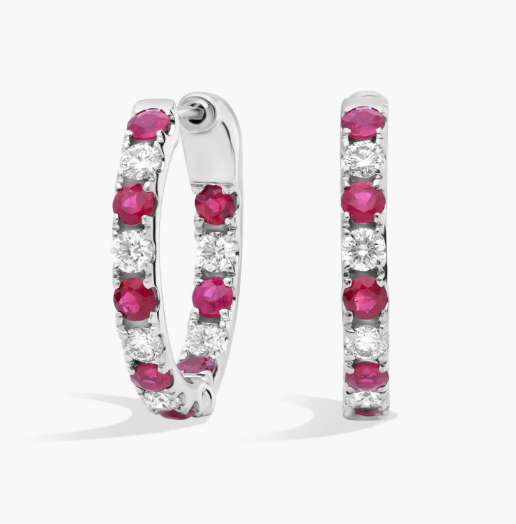 Round Ruby and Diamond Hoop Earrings in 14K White Gold